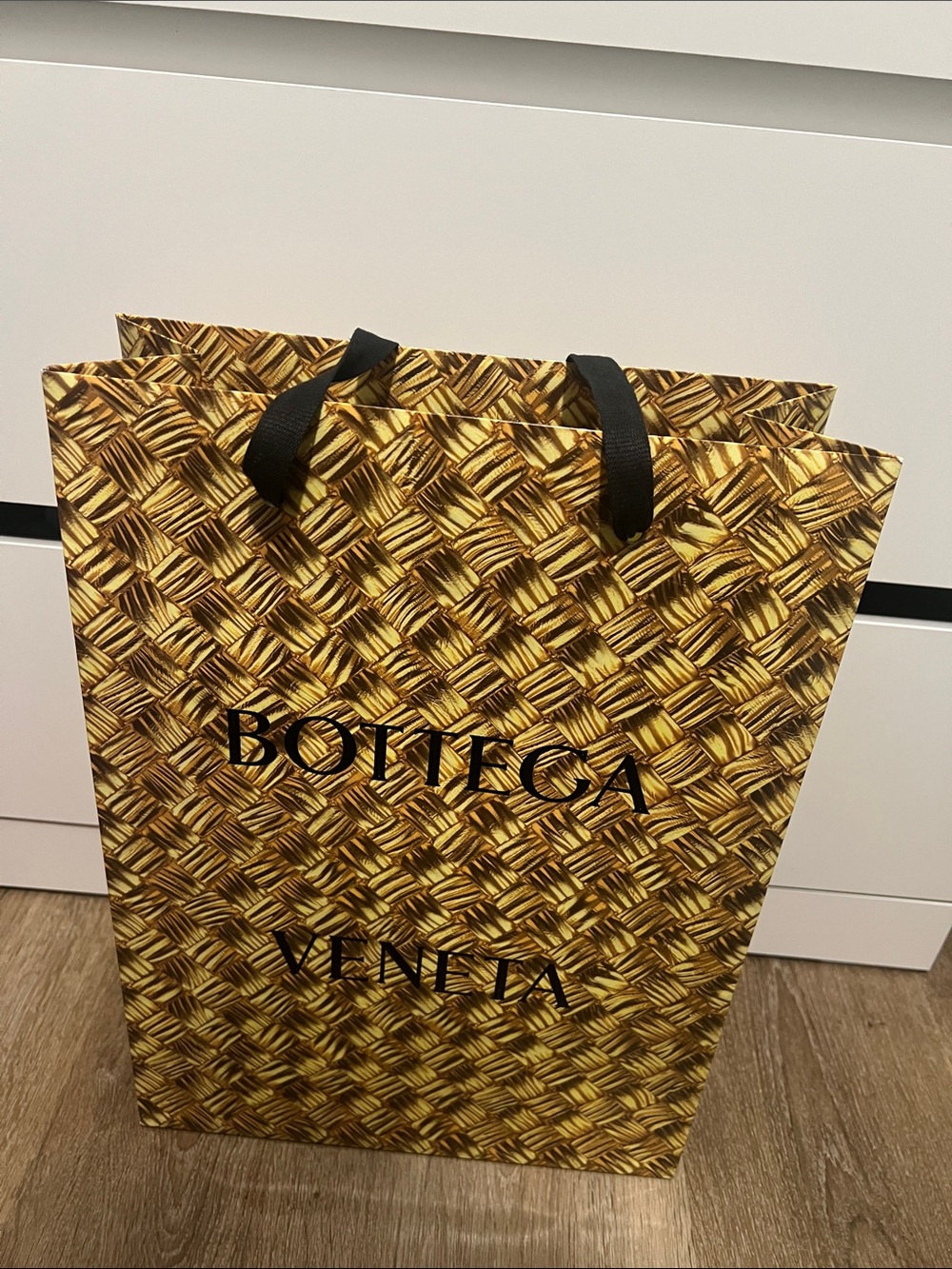 Bottega Veneta Gold and Brown Woven-Print Shopping Bag